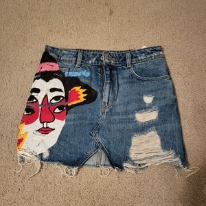 Zara Ripped Denim Mini Skirt with Japanese Desgin - Limited edition